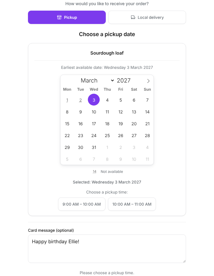The date picker in a theme's cart: Pickup or Local Delivery, a March calendar with past days greyed out, pickup times to choose from, and a birthday message typed in the box below.