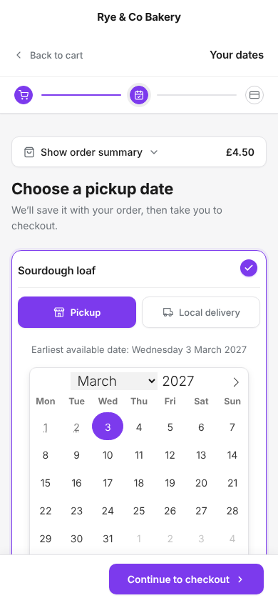 The date page on a phone: the shop's name, a collapsible order summary, and the calendar with Pickup chosen and today picked.