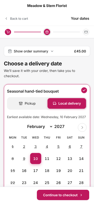The date page on a phone: the florist's name, a collapsible order summary, and the calendar with Local Delivery chosen and today picked.